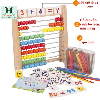 Bàn tính thanh inox, 100 thẻ số, 100 que tính, bảng các phép tính cơ bản, Bàn tính toán học thông minh cho bé.