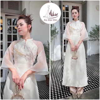 Áo Dài Cách Tân 2 Tà Vải Tafta Tay loe Thiết Kế Cao Cấp Đính Kết Kim Sa