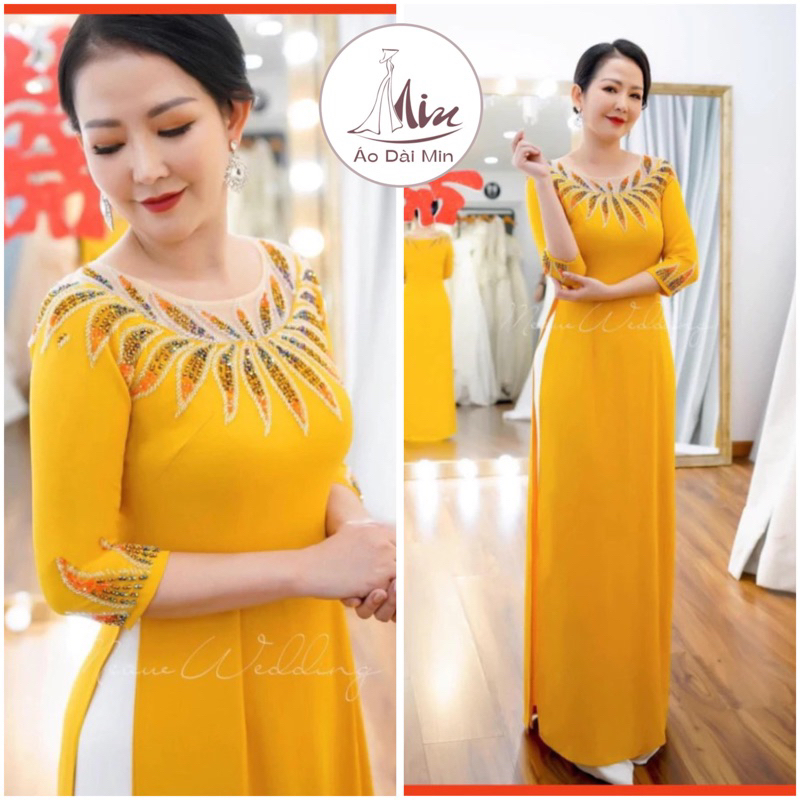 Áo Dài Form Đầm Cho Mẹ MIN07 Đính Kết Pha Lê Cổ Tròn, Áo Dài Trung Niên Cho Mẹ Tay Hàng Đính Kết Cao Cấp (không quần)