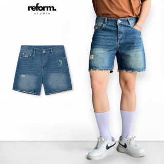 Quần Jean Short Nam, Quần Đùi Ngắn Trên Gối Xanh Đậm Rách Reform RF-F11