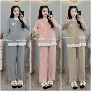 Bộ bầu Bộ sau sinh dài tay len tăm chui đầu thêu mèo ngực phối ren - B195