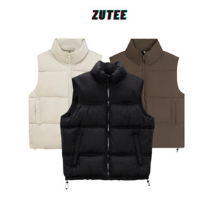 Áo phao gile nam nữ có túi sườn form rộng ZUTEE, Áo khoác phao cổ cao 3 lỗ