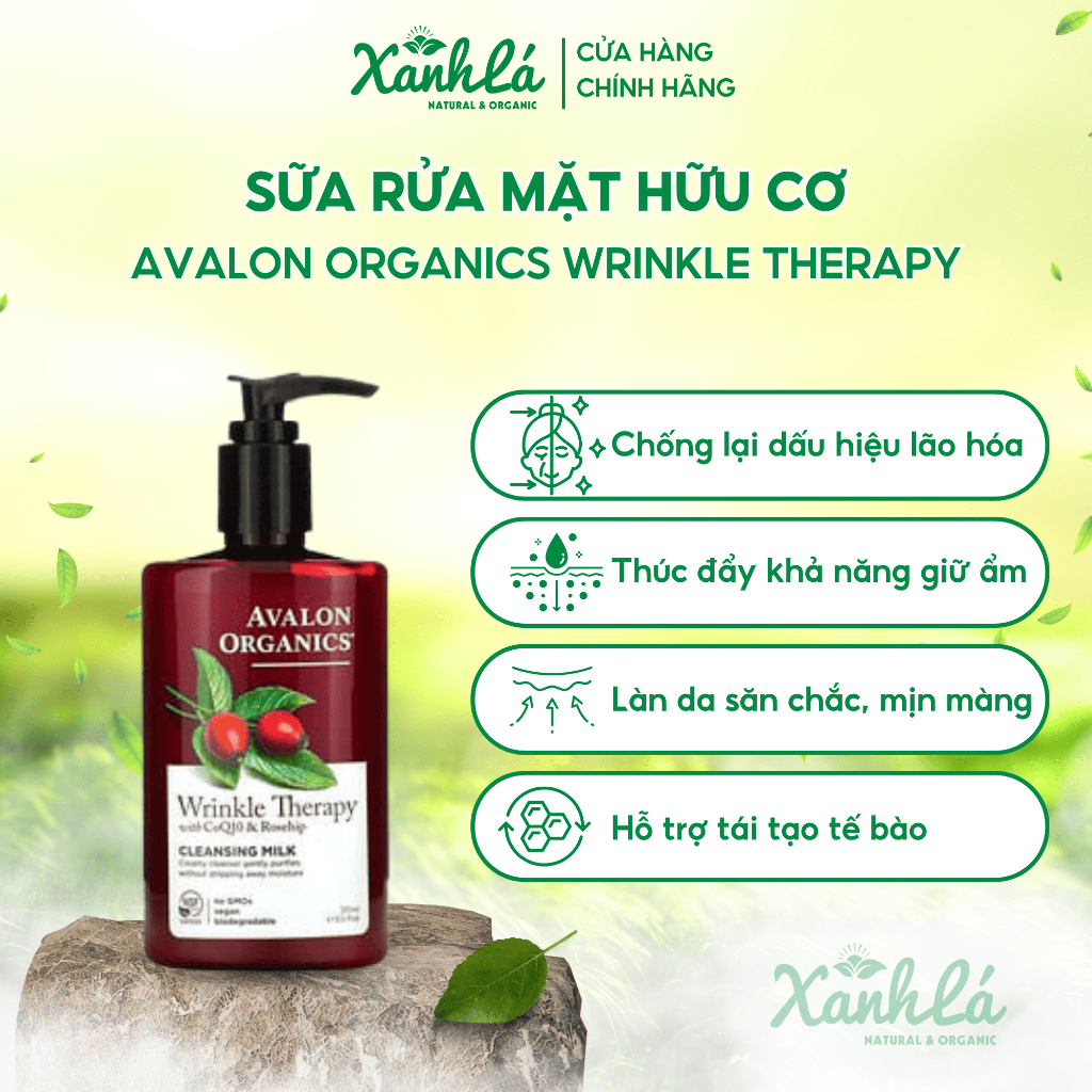 Sữa Rửa Mặt Hữu Cơ Avalon Organics Wrinkle Therapy Cleansing Milk Ngăn Ngừa Lão Hóa Chai 251ml