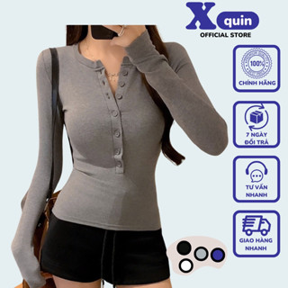 Áo thun nữ tay dài cổ cài nút dáng dài ôm body Xquin, Áo kiểu nữ dài tay cổ khuy cài cúc thời trang thu đông