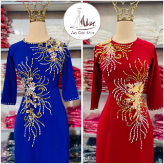 Áo Dài Cho Mẹ MINt05 Lụa Mỹ 2 Tà Cổ Tròn, Áo Dài Trung Niên Cho Mẹ Tay Lỡ Đính Hoa Kèm Pha Lê