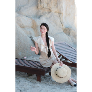 CO EM | Đầm Mini Linen Cổ V Bèo Dây Cột Có Túi Thích Hợp Đi Chơi Dạo Phố Màu Nude - QUYNH  DRESS