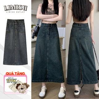  Chân Váy Jean Nữ Cạp Cao Dáng Dài Phối Túi Vuông Retro LIMISU Váy Bò Chữ A Xẻ Tà Sau Tôn Dáng Che Mọi Khuyết Điểm V2 