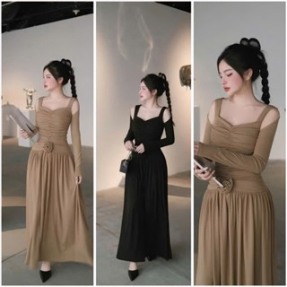 Đầm Body Dáng Dài Xòe Dễ Thương Cách Điệu Hở Vai Dài Tay Nhún Thân Phối Hoa Hông Chất Thun Ladong Cho Các Nàng Đi Tiệc O