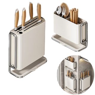 Kệ để dao kéo ống cắm đũa muỗng thép giá cài đồ dùng nhà bếp SDKD15 dán tường kèm đĩa hứng nước