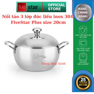 Nồi táo inox 304 Fivestar Plus 3 lớp liền khối size 20cm dung tích 3 lít , nồi hầm kho thịt kho cá , nồi bếp từ
