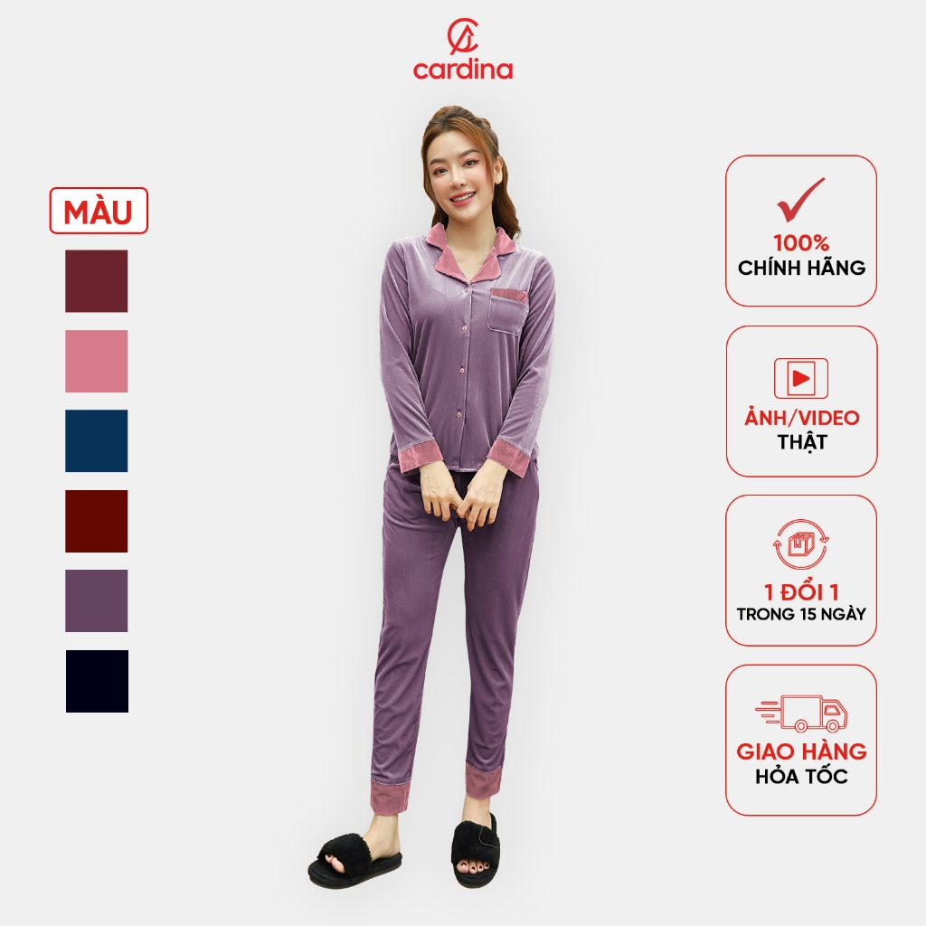  Đồ Bộ Nữ CARDINA Pijama Chất Nhung Tăm Cao Cấp Áo Dài Tay Phối Cổ Quần Dài Kiểu Dáng Sang Trọng 1Pi19 