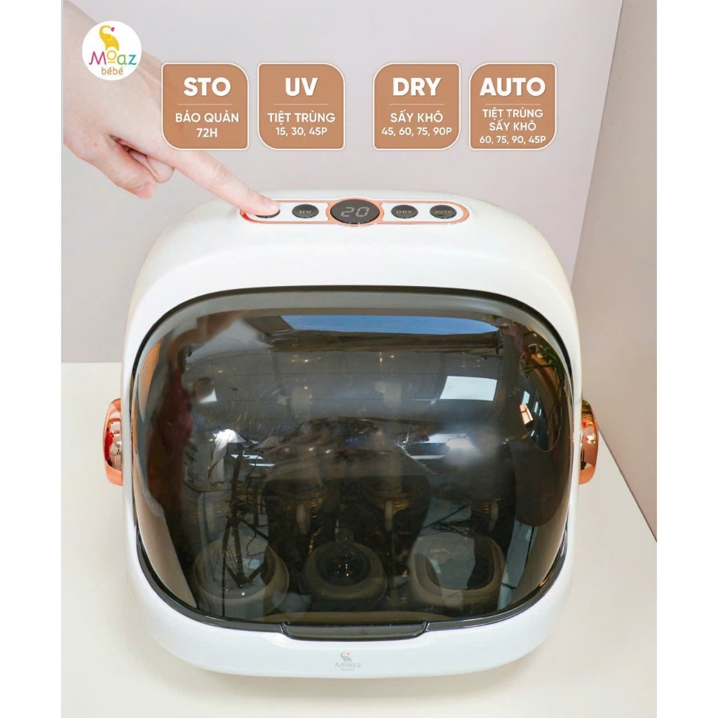 Máy úp bình sữa cho bé Moaz Bebe MB044/MB044 Ion mẫu mới có nắp đậy và tiệt trùng sấy khô tia UVC