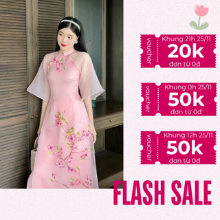 Áo dài cách tân màu hồng 4 tà thiết kế đính kết hoa chất organza cao cấp - Áo dài Mộc Lâm - AD80.2