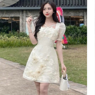 Váy Thiết kế  Nữ Tay Bồng phối Tơ - Đầm Cổ Dây yếm Đính Hoa Nổi Bật khâu tay tỉ mỉ- Dự Tiệc phong Cách Sang Trọng