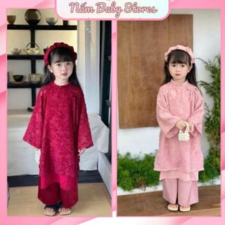 Áo dài đỏ mặc tết cho bé, áo dài cách tân lông vũ bé gái tạng kèm mấn nhún cũng màu xinh yêu cho bé