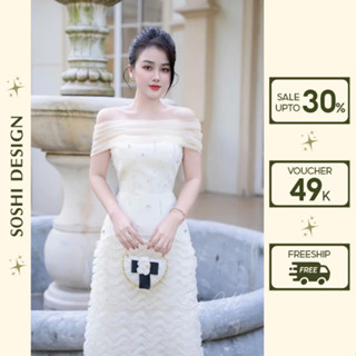  Đầm taffa dự tiệc đính đá phối chân váy sóng cao cấp,Váy trễ vai đi bàn cô dâu kèm choàng lưới mặc được 2 kiểu siêu sang 