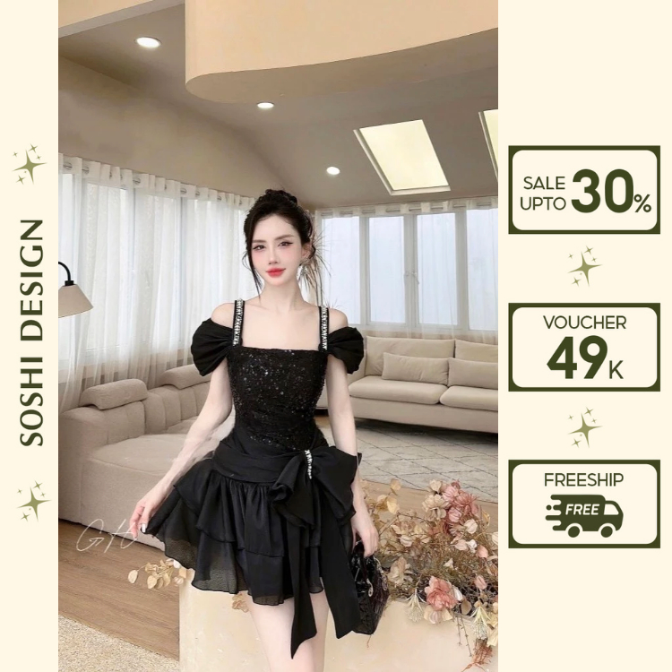 Đầm trễ vai dự tiệc kim sa phối tơ bèo, Váy 2 dây tiểu thư tiệc đi bàn bar sang chảnh cuộn hoa hàng thiết kế.