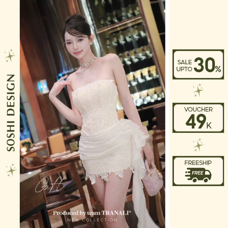 Đầm thiết kế dự tiệc đính hoa bèo nơ sang chảnh, Váy cúp ngực cô dâu đi bàn vạt lệch phối tơ siêu tiểu thư