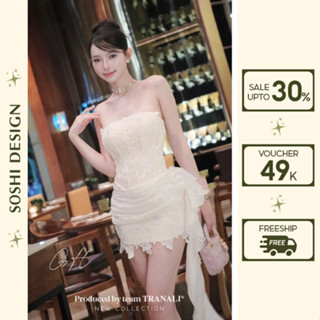 Đầm thiết kế dự tiệc đính hoa bèo nơ sang chảnh, Váy cúp ngực cô dâu đi bàn vạt lệch phối tơ siêu tiểu thư