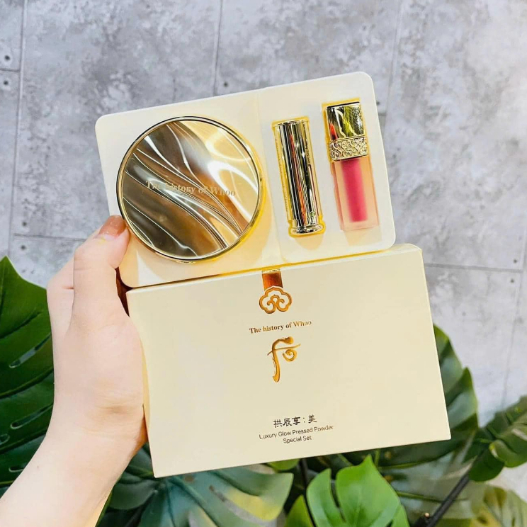 SET Phấn Phủ Whoo Gongjinhyang Mi + 2 Son Dưỡng Đỏ + Son Kem Lì Hồng Whoo Đông Y Hoàng Cung