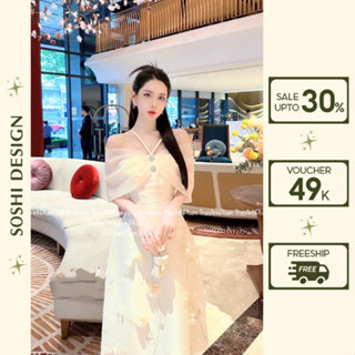  Váy trễ vai thiết kế phối voan tơ đính kết tỉ mỉ đầm cô dâu trắng dự tiệc dáng dài tay cánh tiên chất taffa có đệm ngự 