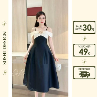 Đầm dự tiệc trễ vai dáng dài bồng xòe rộng đính hoa, Váy đi bàn cô dâu thiết kế kết hoa hồng ngực cao cấp form chuẩn