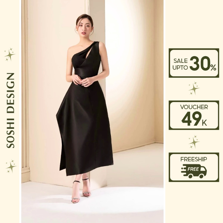 Đầm dự tiệc lệch vai dáng dài, Váy cưới đi bàn cô dâu chất tafta vạt chéo siêu tiểu thư sang chảnh cao cấp