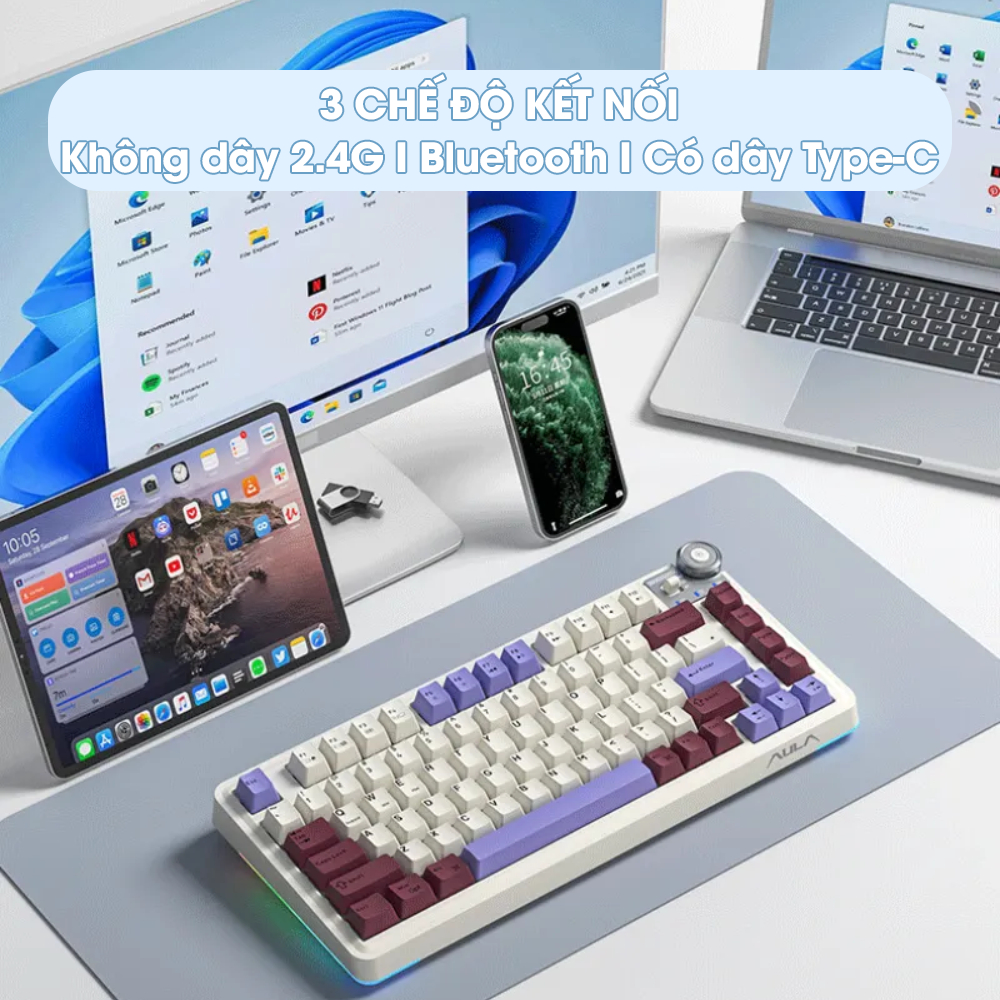 Bàn Phím Cơ Không Dây Núm Xoay AULA AU75 Gaming Hotswap 5 Pin 3 Mode Kết Nối Bluetooth Led Viền RGB | BigBuy360 - bigbuy360.vn