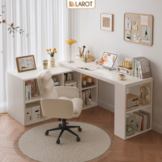 Bàn làm việc chữ L đa năng nhãn hiệu gapi với thiết kế kèm tủ sách tổ ong để đồ full trắng hiện đại, tiện lợi - GP368