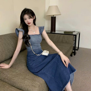  KV010 Váy Denim dáng dài hai dây dây bèo bo chun quyến rũ chân váy xẻ tà cá tính năng động 