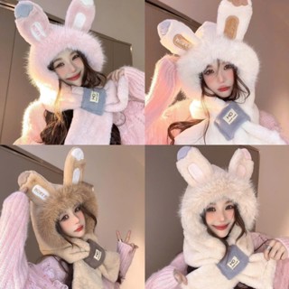 Mũ lông cừu nữ tai thỏ mùa đông nón len nữ trùm đầu kèm khăn quàng cổ giữ ấm phụ kiện thời trang 2in1 -----