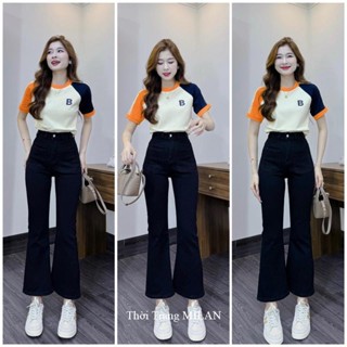  Quần ống loe vải Jean bò đi học công sở cạp cao co giãn vải bò giấy màu Đen trơn - Quần tây ống loe tua gấu rách 