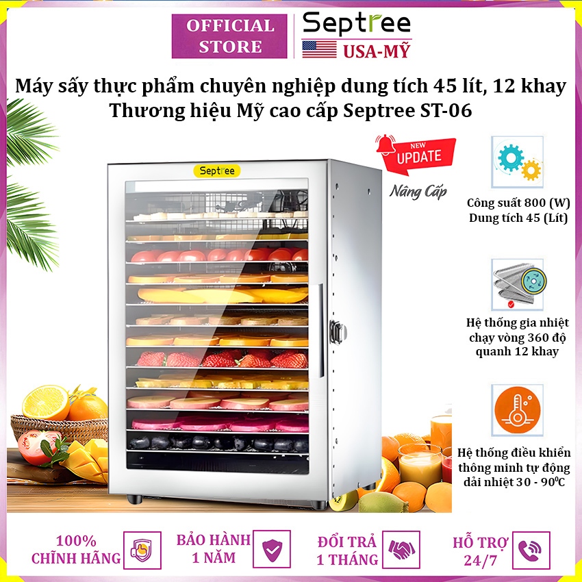 Máy sấy thực phẩm 12 khay thương hiệu Septree ST-06 - Dung tích 45 lít - Hàng Nhập Khẩu (BH 1 NĂM)