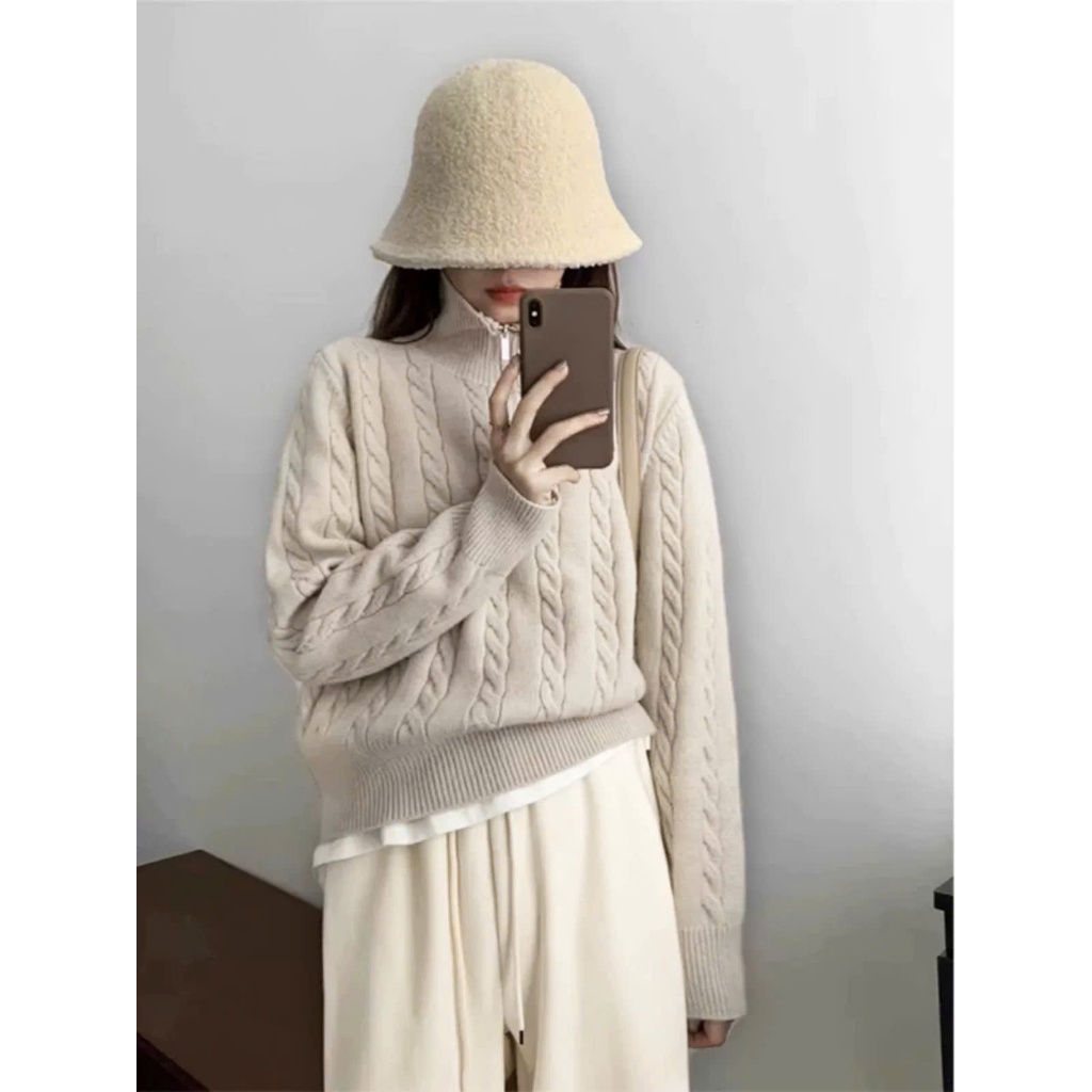 Áo dài tay nữ Jimmy Sweater chất len lông thỏ mềm mại, Áo Sweater nữ cổ cao khóa kéo ấm áp trẻ trung thời trang HEBE | BigBuy360 - bigbuy360.vn