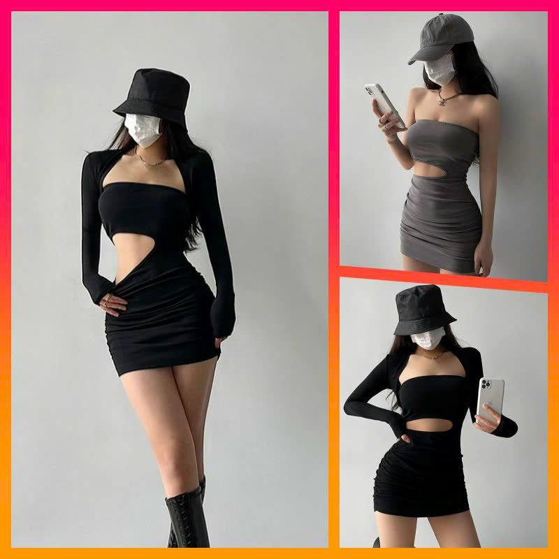 [P49][monana] Đầm ống body khoét eo cá tính xám đen