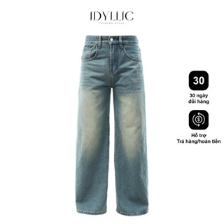 Quần jean nam ống rộng thời trang màu xanh nhạt wash trắng nhẹ IDY3 Unisex Cotton, quần rin IDYLLIC