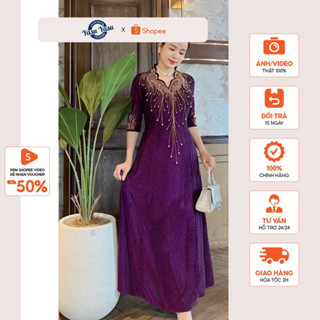 Đầm dạ hội trung niên Yasu dự tiệc sang trọng thun kim sa 3D cao cấp đính đá, tặng mẹ co giãn tốt bigsize 80kg