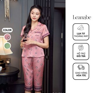 Bộ Pyjama Nữ Lụa Tơ Cao Cấp Áo Cộc Quần Lửng, Bộ Mặc Nhà Nữ Lụa Tay Cộc Leanabe Homewear 24L30