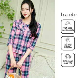 Bộ Ngủ Pyjama Vải Thô Kate Dáng Áo Tay Lỡ Quần Dài, Bộ Mặc Nhà Thoáng Mát Thấm Hút Mồ Hôi Leanabe Homewear 23T126