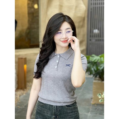 Áo Len Nữ Evalover Mã 198 Thiết kế Cổ Đức 3 Cúc Cộc Tay Phối Thêu Nơ Chất Len Montoghi Mềm