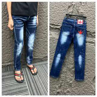Quần Jean Nam DSQ2 xanh không rách hoạ tiết vẩy sơn nhẹ túi sau thêu lá đỏ