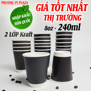 Set 50 Ly giấy Kraft 2 lớp 240ml - 8oz MÀU NGẪU NHIÊN nắp đen Cốc giấy NHẬP KHẨU HÀN QUỐC