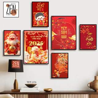 Tranh tết 2025 trang trí nhà cửa- cây mai hoa đào- bộ 6 bức dán tường Tết Ất tỵ