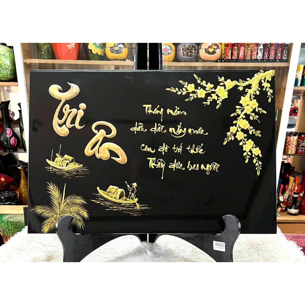Tranh sơn mài Thanh Bình Lê - CHỮ TRI ÂN KÈM THƠ size 40x60 cm thích hợp trang trí, làm quà tặng,...