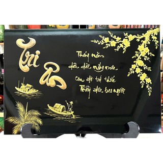 Tranh sơn mài Thanh Bình Lê - CHỮ TRI ÂN KÈM THƠ size 40x60 cm thích hợp trang trí, làm quà tặng,...
