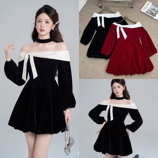 Váy nhung trễ vai phối nơ dáng su bồng siêu xinh