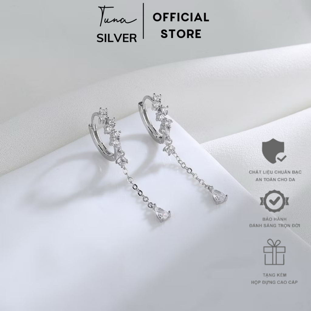 Khuyên tai bạc tròn gắn đá dáng dài, Hoa tai Bạc bạc tròn đính đá, Bông tai bạc nữ đá xinh TUNA SILV