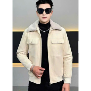 Áo khoác da lộn nam cổ lông lót lông hàng quảng châu cao cấp