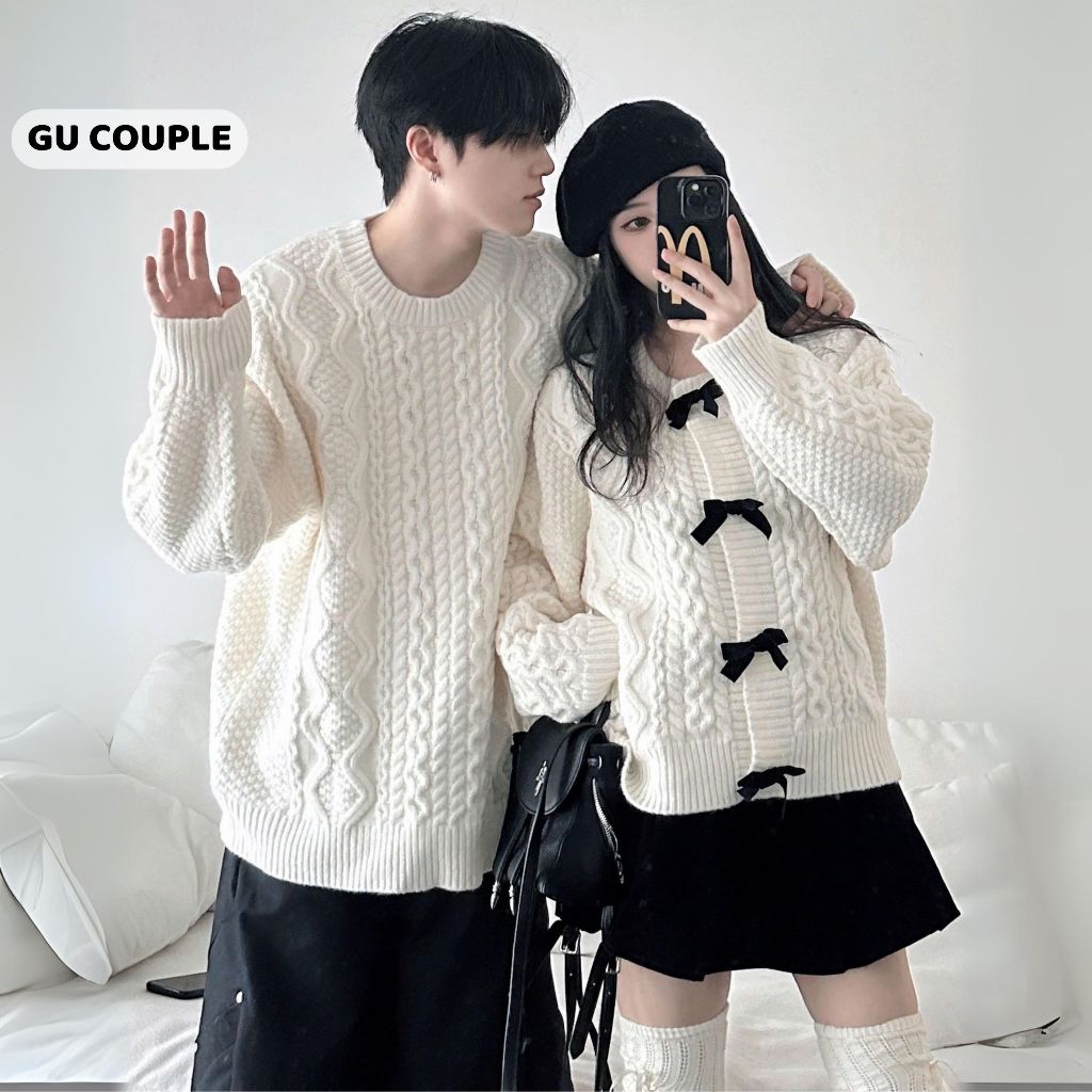 Áo cặp nam nữ mùa đông áo len nam dài tay áo nữ màu trắng kem kèm nơ thời trang HAPPYLOVE G225