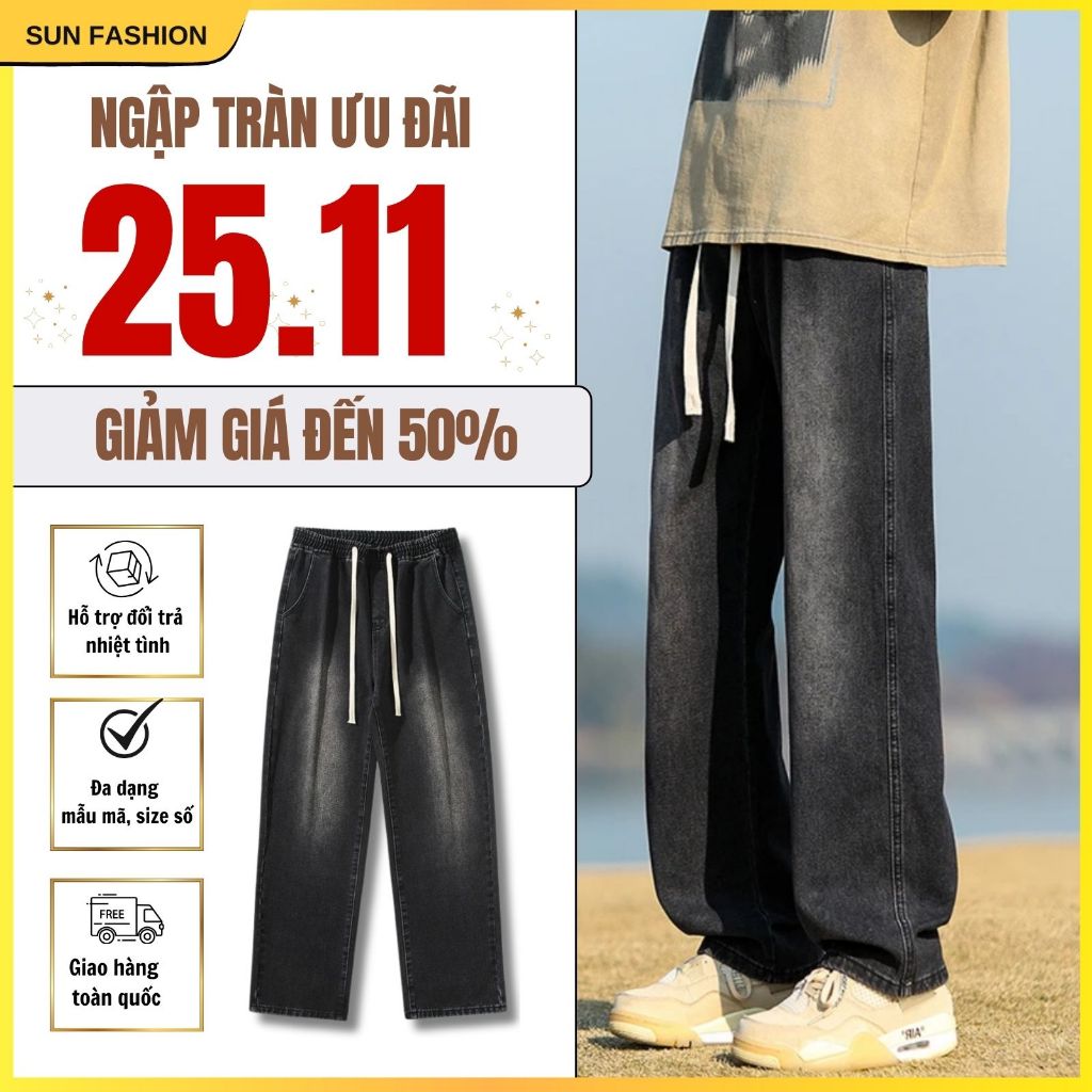 Quần jean nam nữ ống rộng cạp chun SUN 09 Wash Khói, quần bigsize unisex dễ phối đồ, phong cách năng động, thoải mái